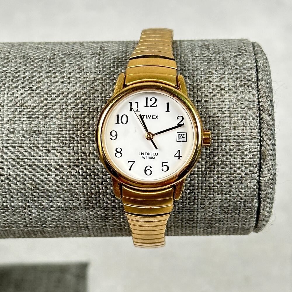 Timex Watch Womens 25mm Round Date White Dial Gold Tone Stretchy New Battery